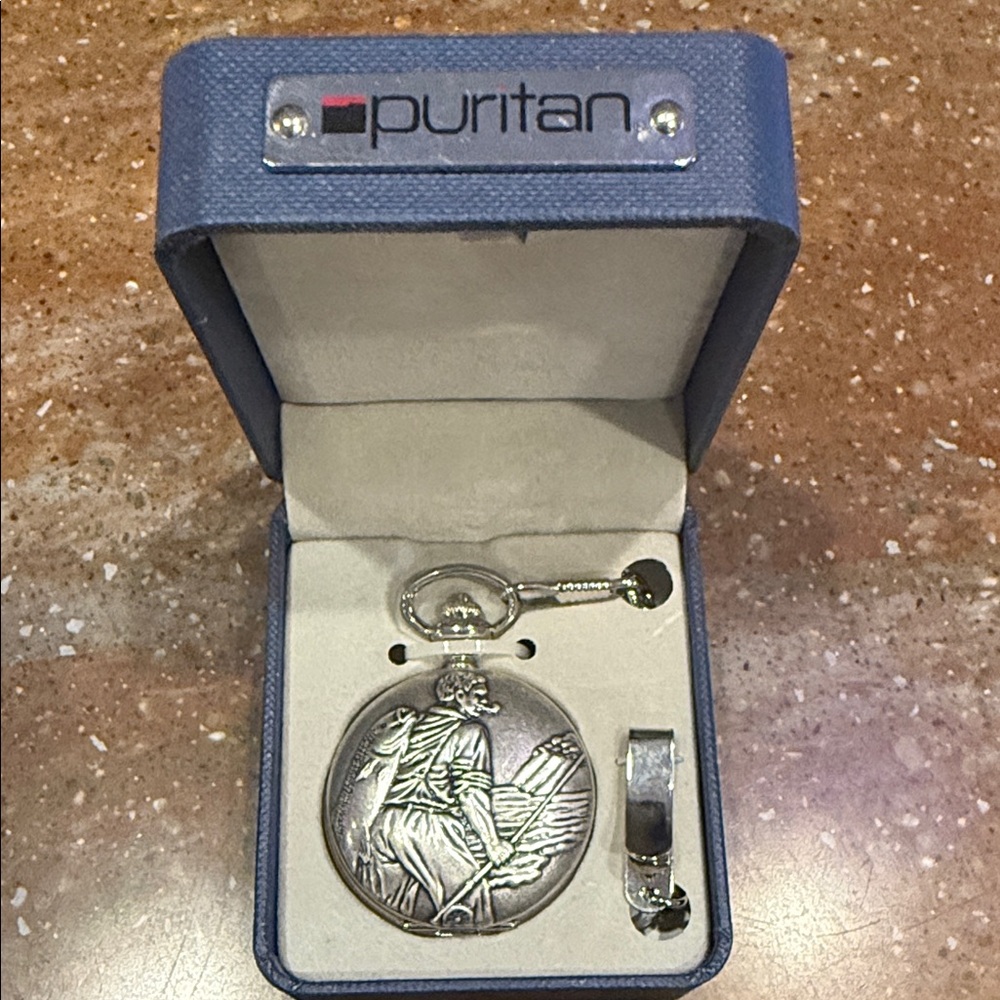 Puritan Silver Pocket Watch and Keychain Set